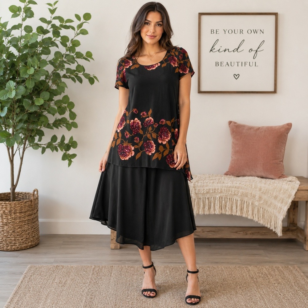 Eva Blue Black Floral Sequin Tiered Maxi Dress Womens Size 8 Short Sleeve Gown